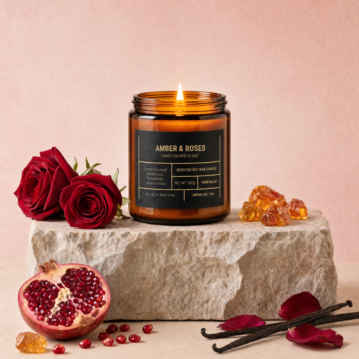 Our creation of Amber & Roses Scented Soy Wax Candle