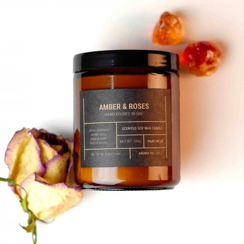 Our creation of Amber & Roses Scented Soy Wax Candle